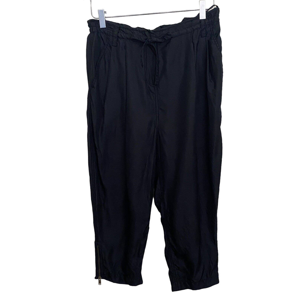 🌵 DKNY Pure Black Silk Drawstring Pleated Cropped Zippered Ankle Pants - Size 0